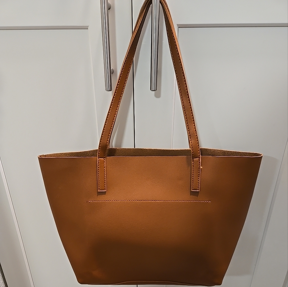 Henny + Lev "Danielle" Vegan Leather 2-in-1 Everyday Tote Bag in Cognac Brown.